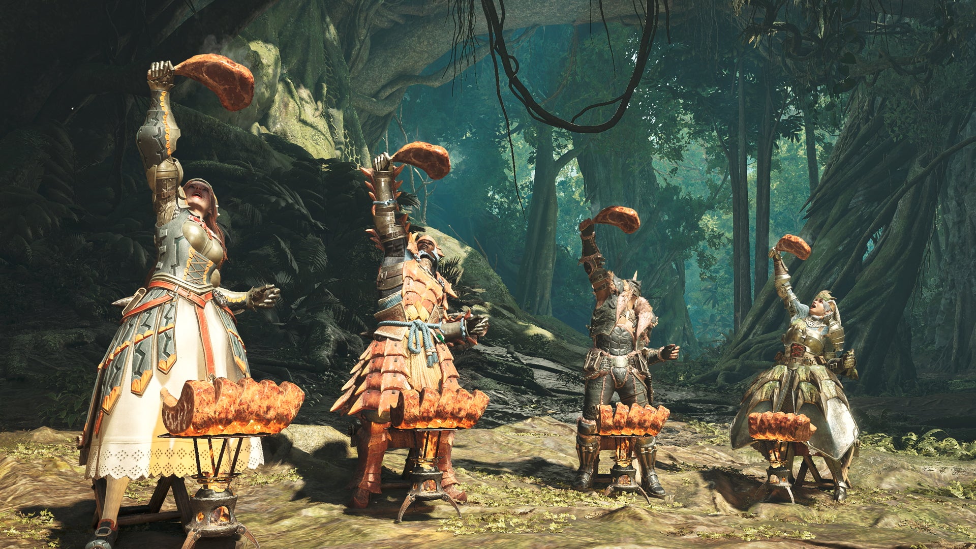 Four hunters in Monster Hunter Wilds raising cooked meat in front of a grill inside a forest. - 1