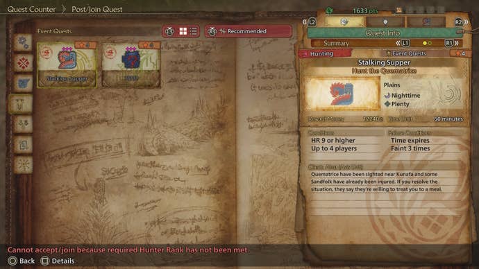 Stalking Supper event quest details in Monster Hunter Wilds.