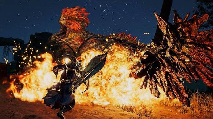 Multiple hunters fighting a Quematrice as it breathes fire in Monster Hunter Wilds.