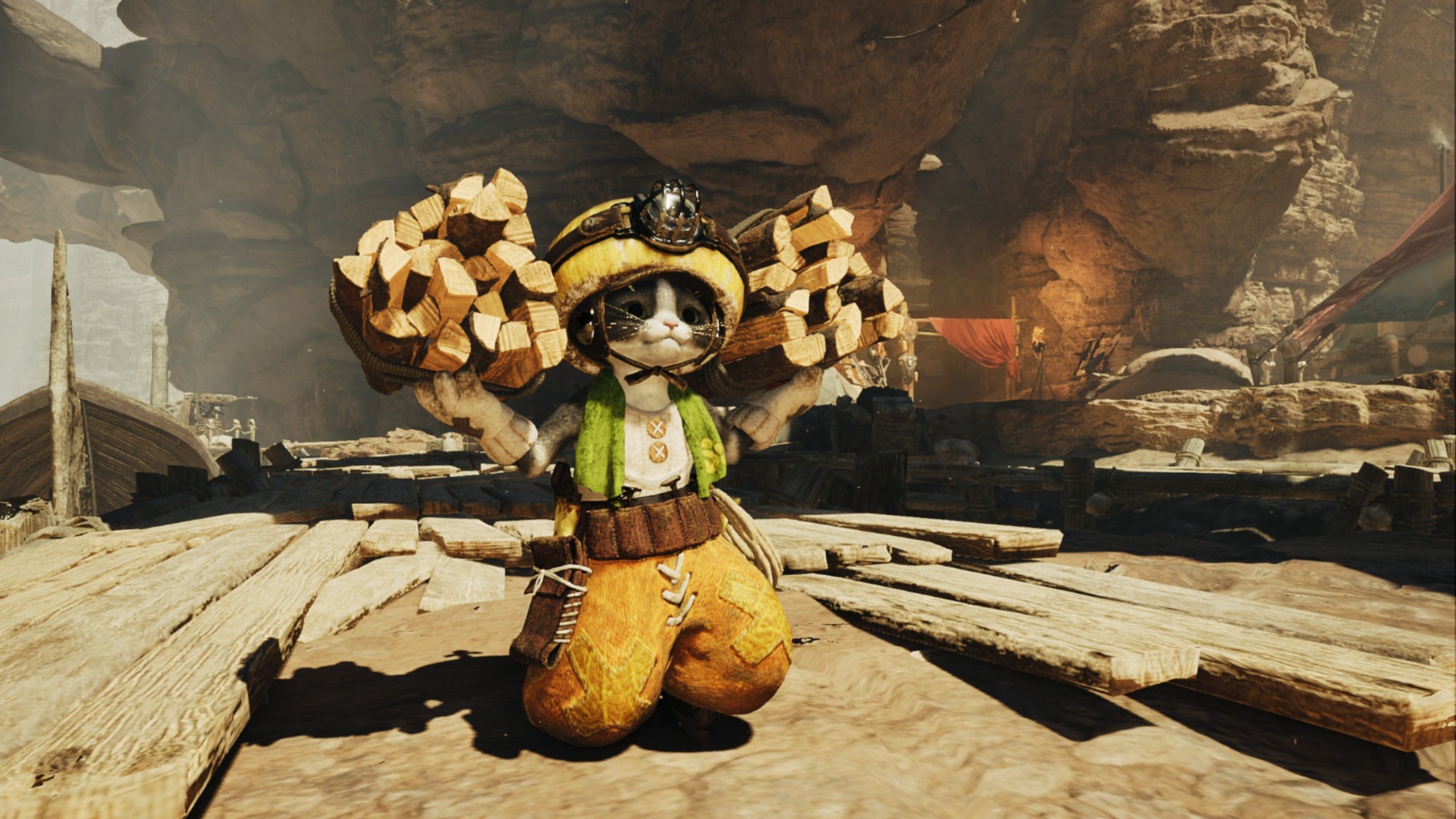 A Monster Hunter Wilds palico wearing a mining helmet while carrying two bundles of wood. - 1