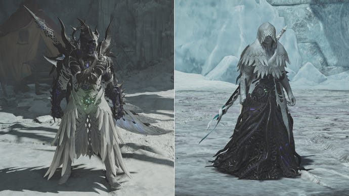 The Zoh Shia High Rank armour sets from Monster Hunter Wilds - they look similar a substance of achromatic and achromatic feathers and cloth.