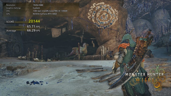 A cozy settlement in the Benchmark Monster Hunter Wilds tool.