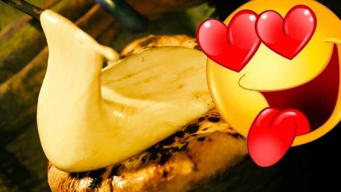 Monster Hunter Wilds cheese naan being prepared with a yellow face emoji with love heart eyes and its tongue out overlayed on top