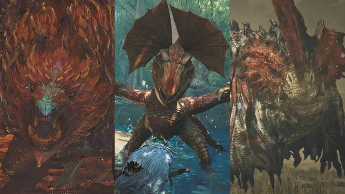 Collage of Quematrice, Yian Kut-Ku, and Ajarakan from Monster Hunter Wilds.
