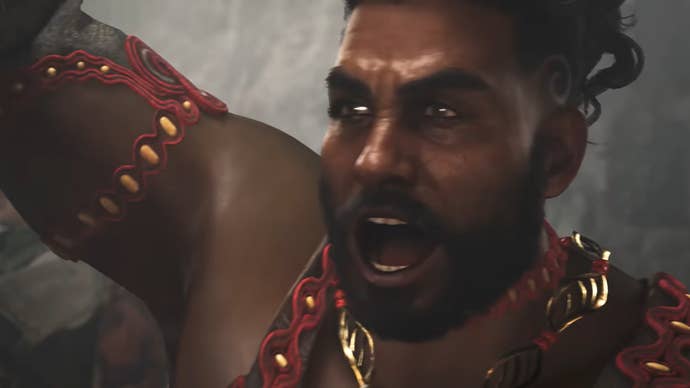 Monster Hunter Wilds screenshot showing a male character with his mouth open as he yells. His fist is in the air
