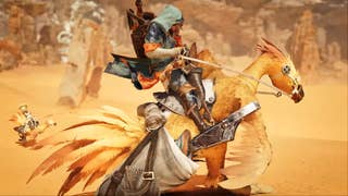 Monster Hunter Wilds screenshot showing character riding a yellow chocobo from Final Fantasy