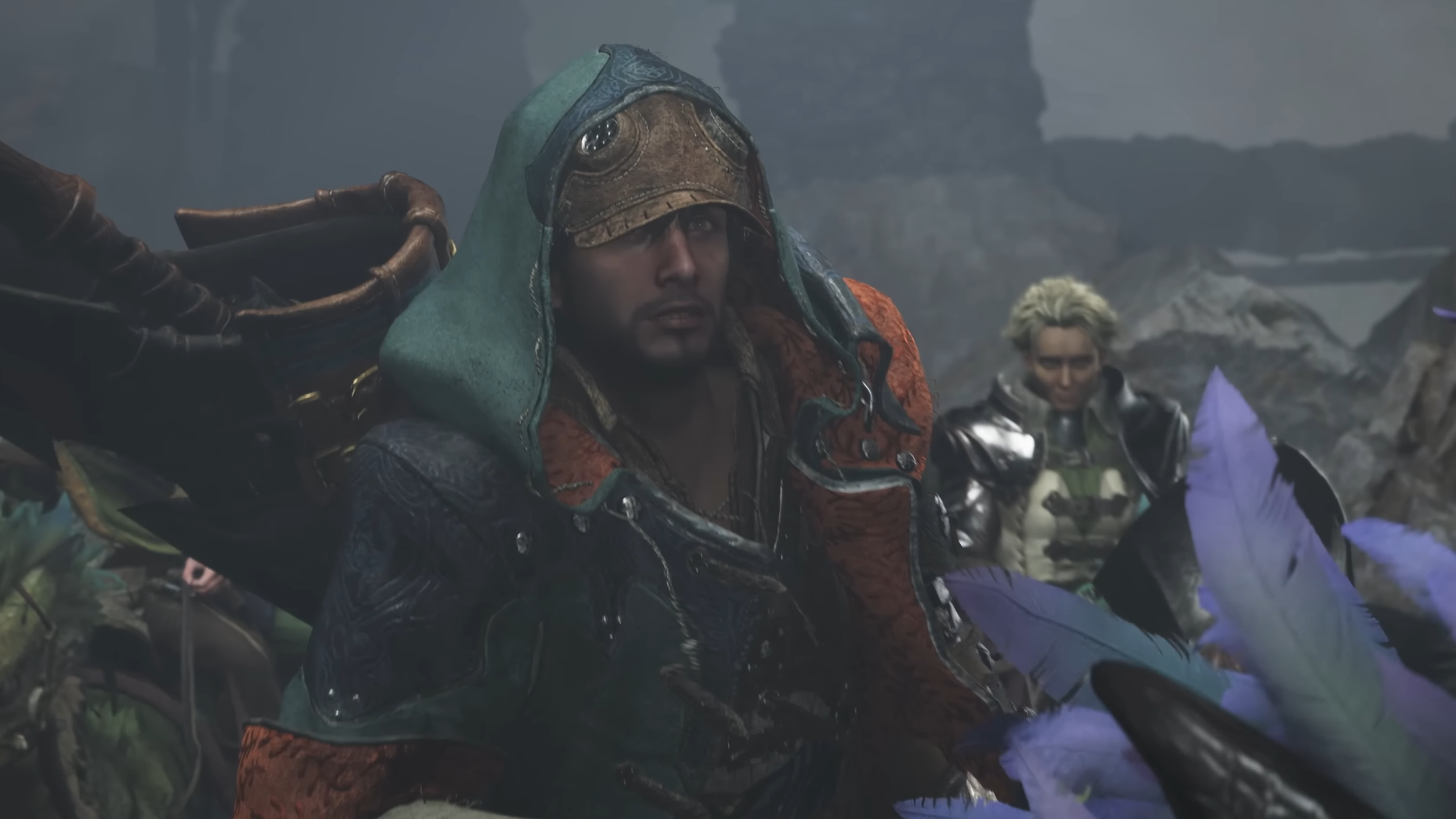 Monster Hunter Wilds trailer screenshot showing hooded player character riding a bird mount