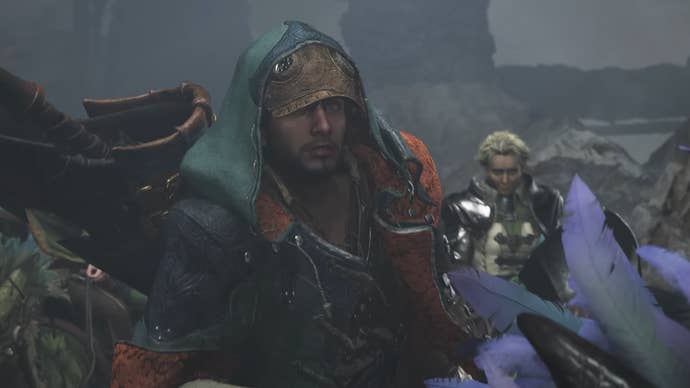 Monster Hunter Wilds trailer screenshot showing hooded player character riding a bird mount