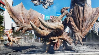 A Diablos from Monster Hunter rages in a real-world downtown location, tearing up a crosswalk beneath its taloned claws.