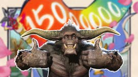 A Rajang from Monster Hunter does two thumbs up over a multi-coloured banner that has 15,000,000 written on it.