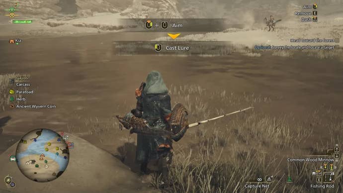 The player hunter in Monster Hunter Wilds fishes with a fishing rod in an oasis in the Plains. Tooltips at the top of the screen explain the fishing process.