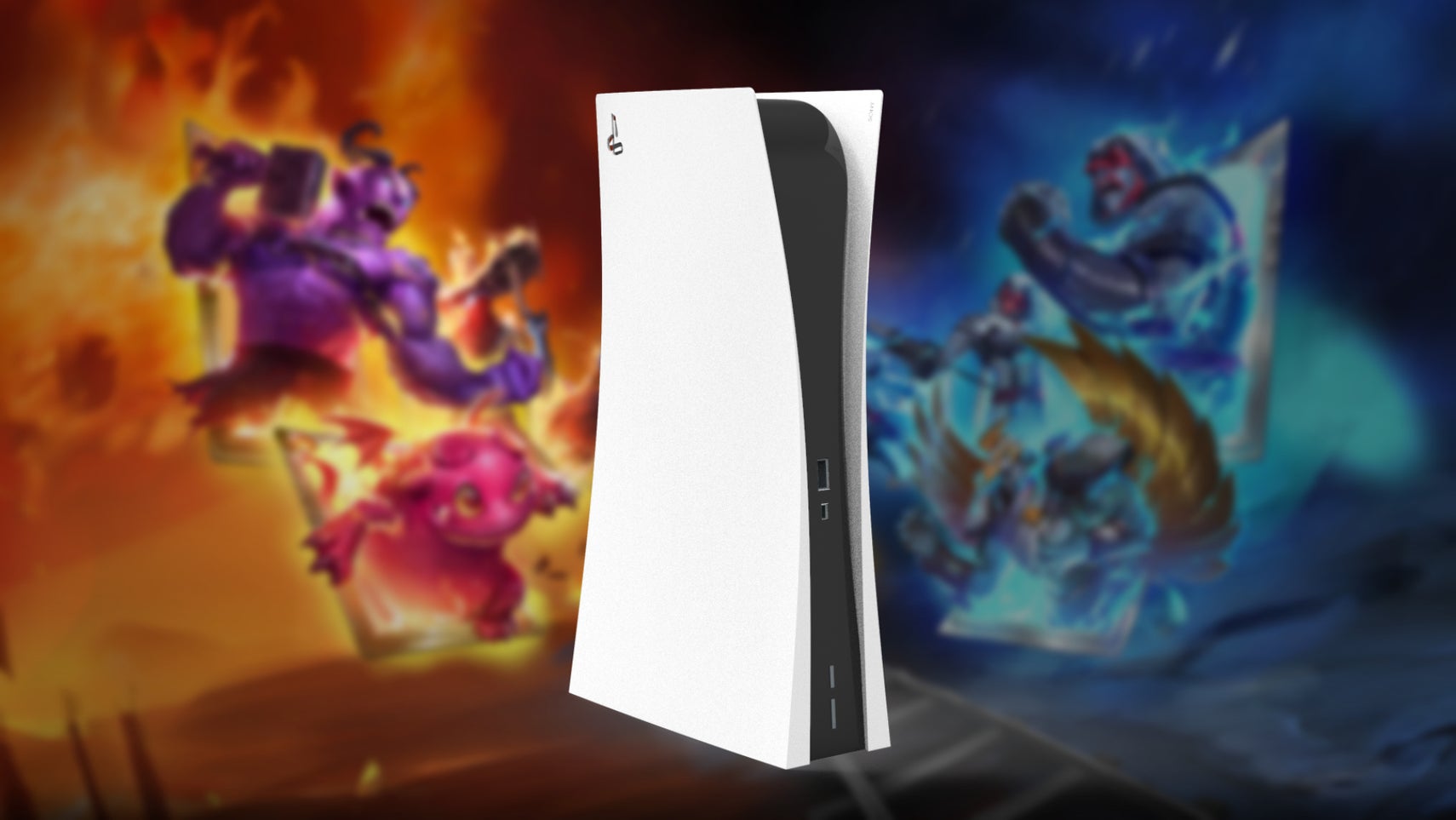 A PS5 sits over slightly blurred artwork of Monster Train - 1