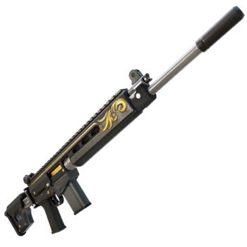 menu view of montague&rsquo;s enforcer ar weapon in fortnite with gold swirling patterns near the tip