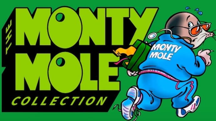 Header image showing promotional art for The Monty Mole Collection. The titular mole can be seen looking over his shoulder as he runs away from an unknown entity. He is wearing a blue tracksuit with his name on the back.