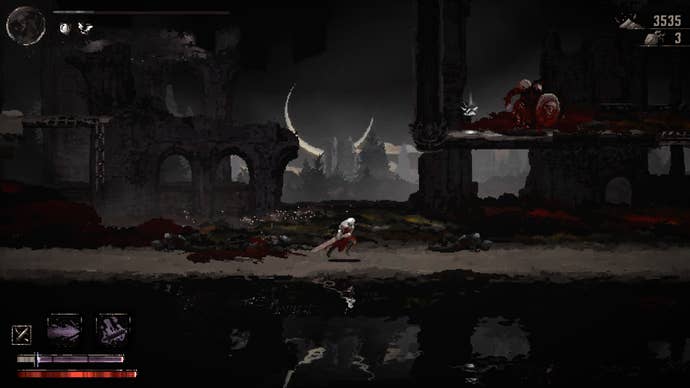 A white-haired warrior runs through dark ruins in front of a lake in Moonscars