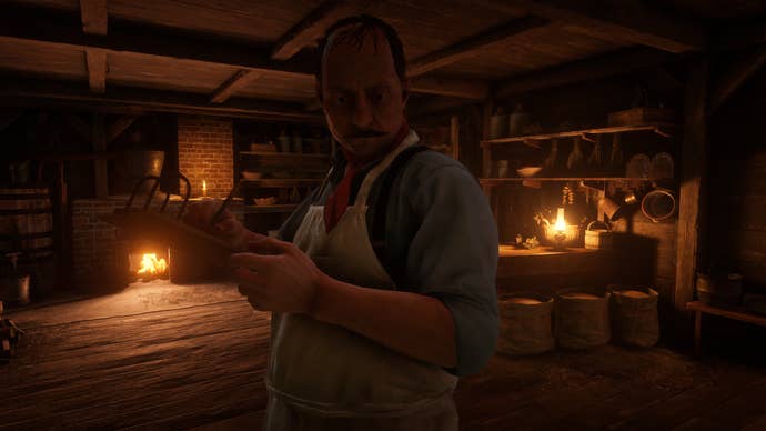 Red Dead Online - a man in a chef’s apron inside a cabin lit by a stove and fireplace