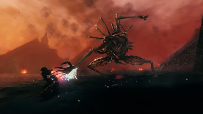 An enemy made of bones, it resembles a crab with legs. It is striking the player-character with its fist.