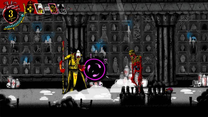 A hermit fighting a skeleton in a dank crypt Mork Borg Heresy Supreme.