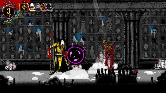 A hermit fighting a skeleton in a dank crypt Mork Borg Heresy Supreme.