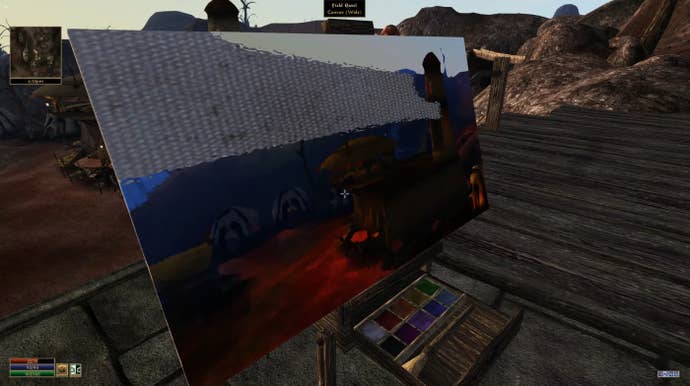 A screenshot from Morrowind’s Joy Of Painting mod showing a canvas on an easel with painting being done