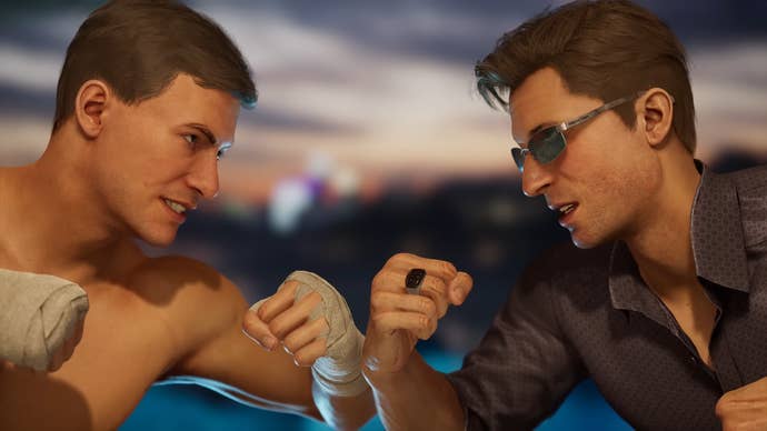 Mortal Kombat 1 game screenshot showing Johnny Cage vs Johnny Cage in close up