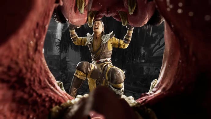 Mortal Kombat 1 trailer screenshot showing a fighter struggling to stop the jaws of a giant hippo from crushing them