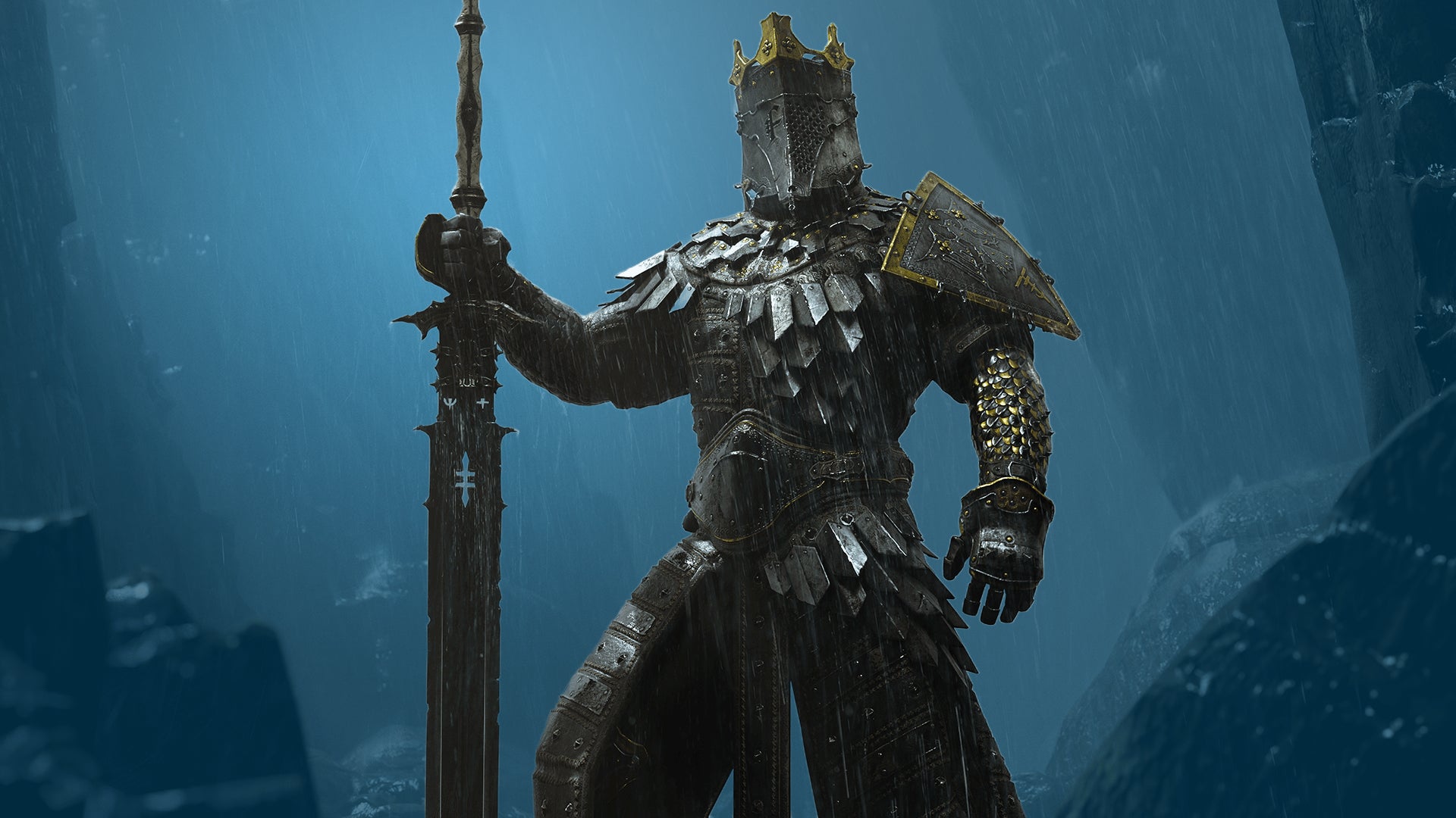 A knight in heavy plate armour stands holding a broadsword
