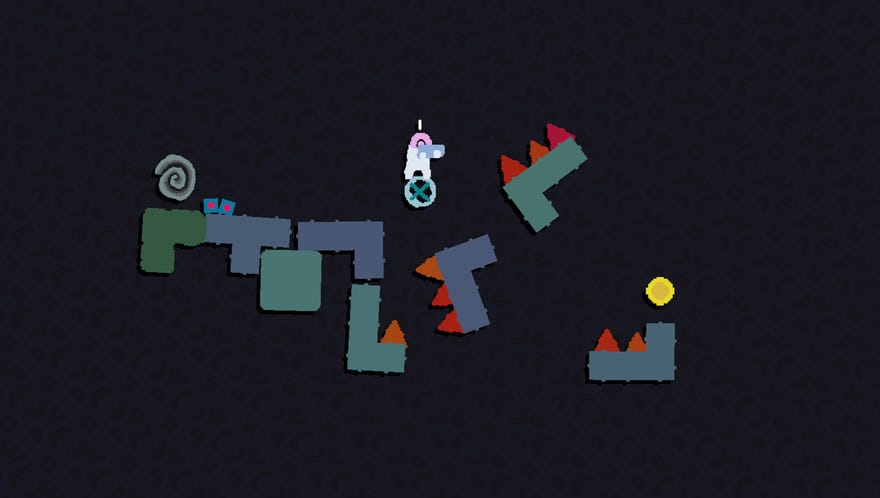 Pixel person jumps across floating spiky platforms in a screenshot from Mosa Lina