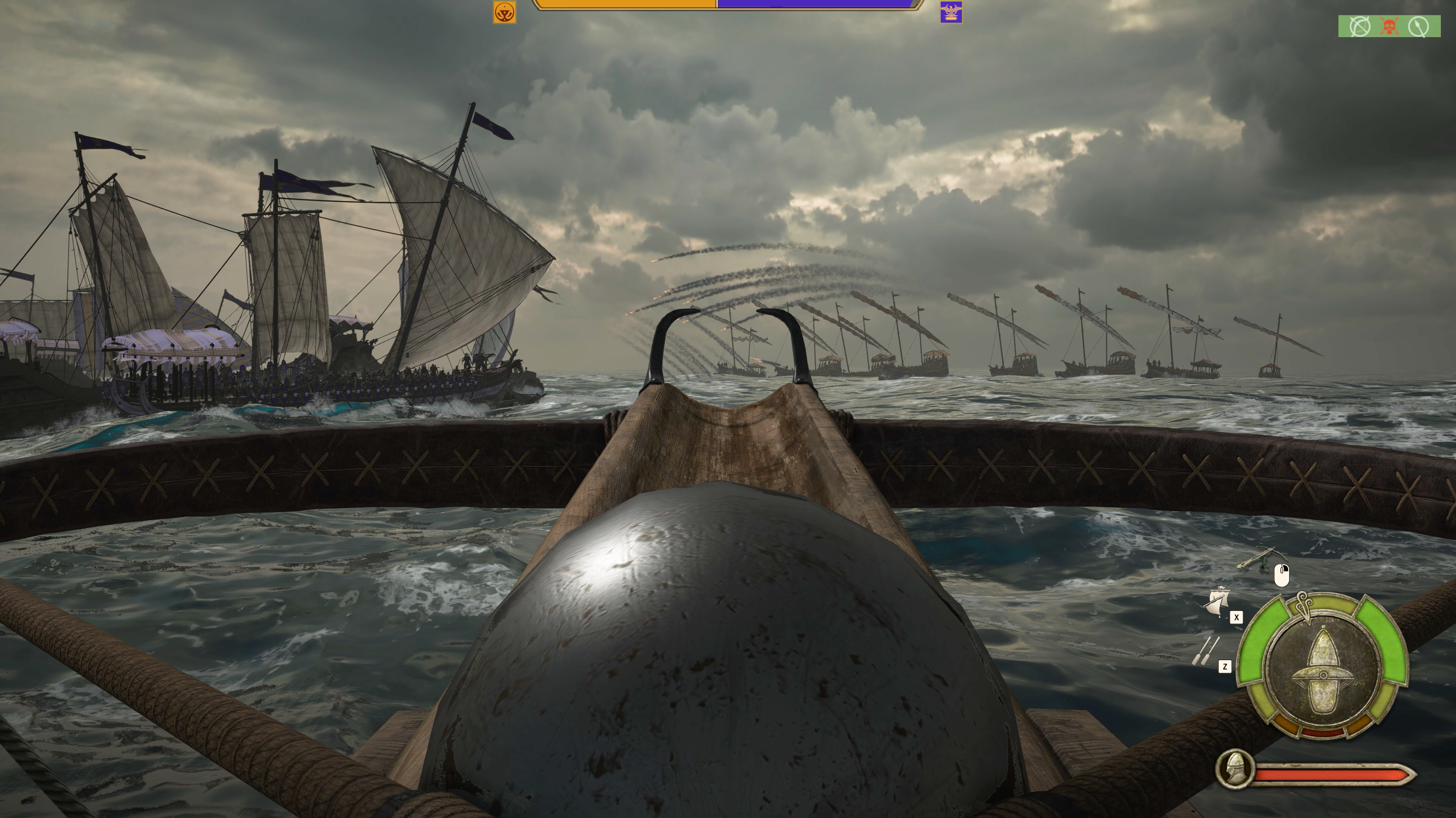 A ship battle viewed from a ballista's sights in Mount & Blade II: Bannerlord War Sails. - 4