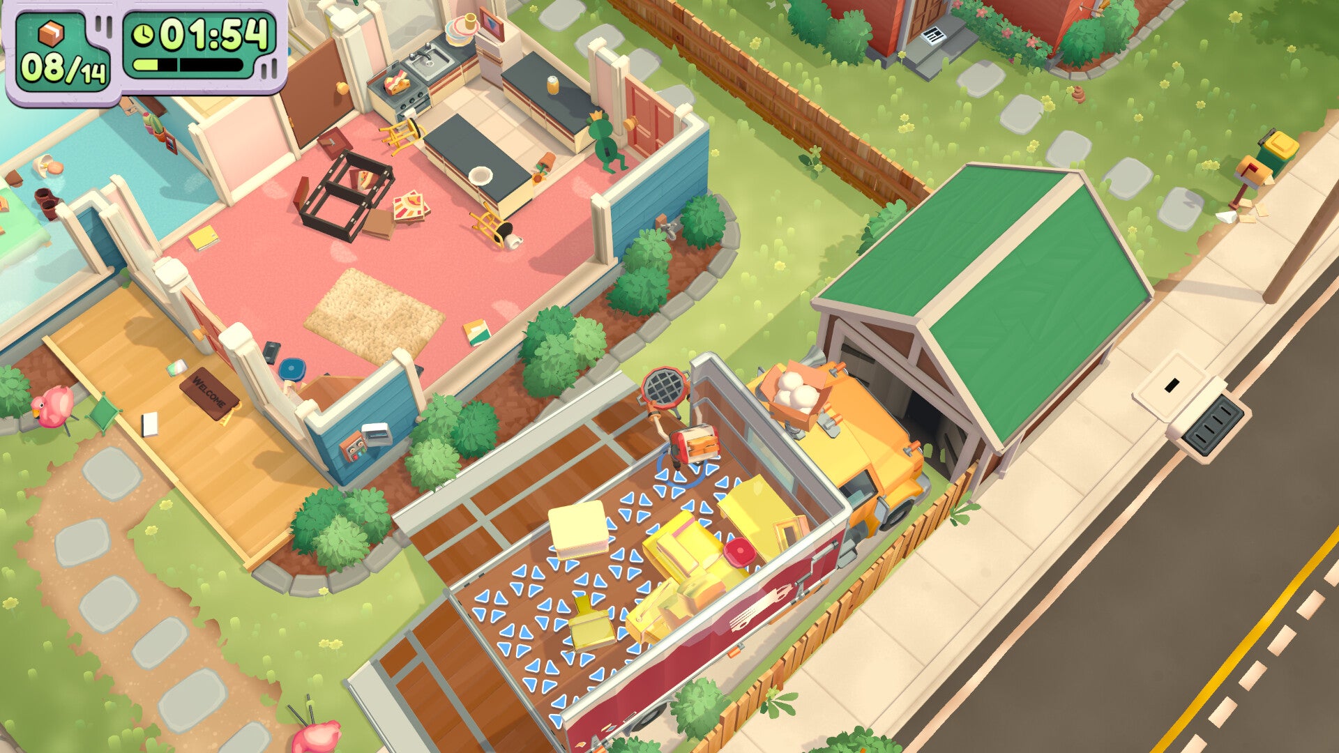 Moving Out 2 screen showing a top-down view of trailer full of furniture and roofless house with smashed windows by a road