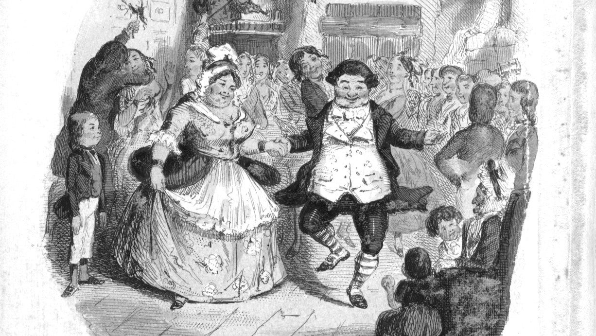 People dancing by the tree at Mr Fezziwig&rsquo;s Ball in Charles Dickens&rsquo;s story A Chrismas Carol