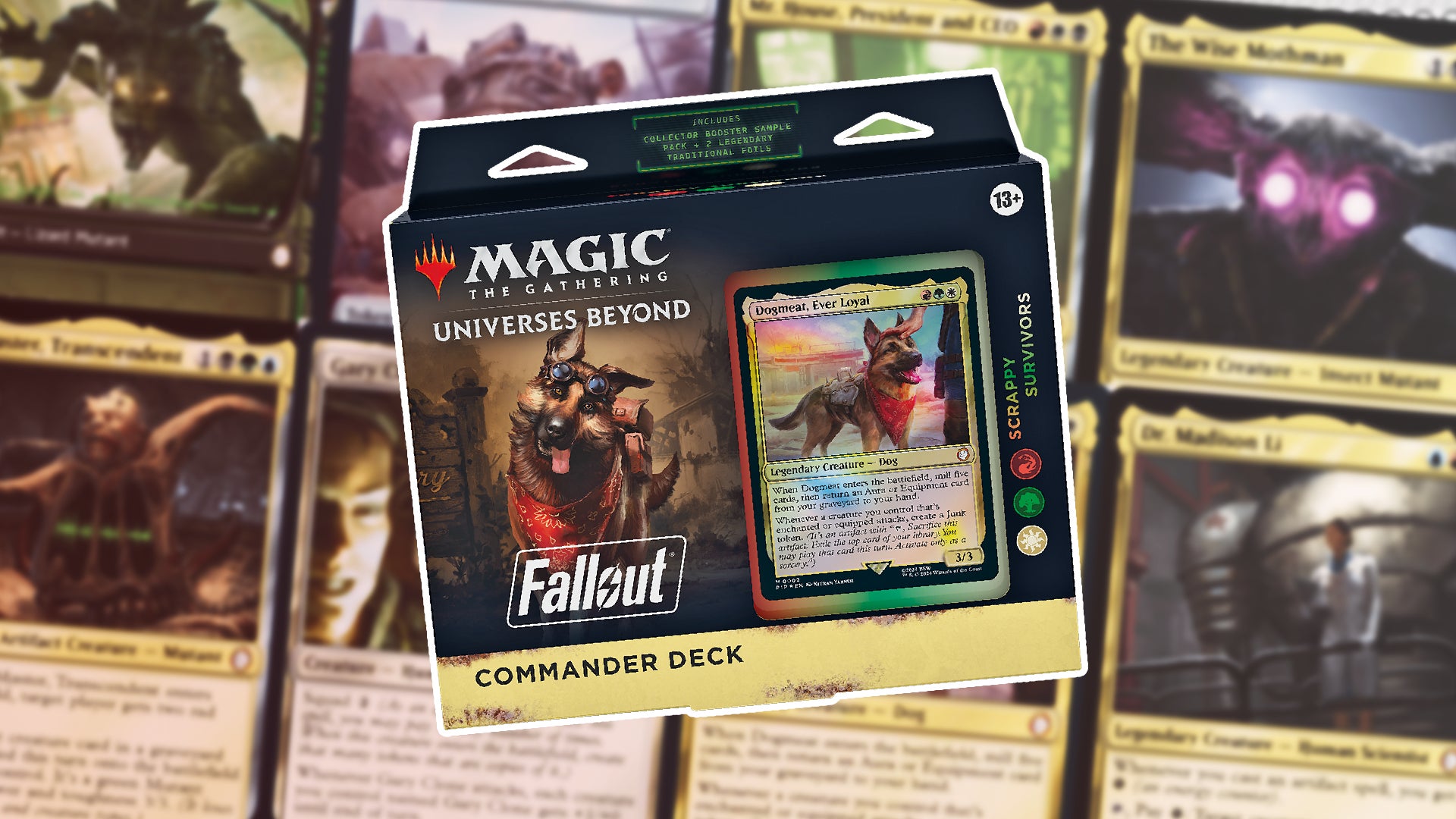 A collage of Fallout Magic the Gathering cards sits behind a Commander pack of the Dogmeat card. - 1