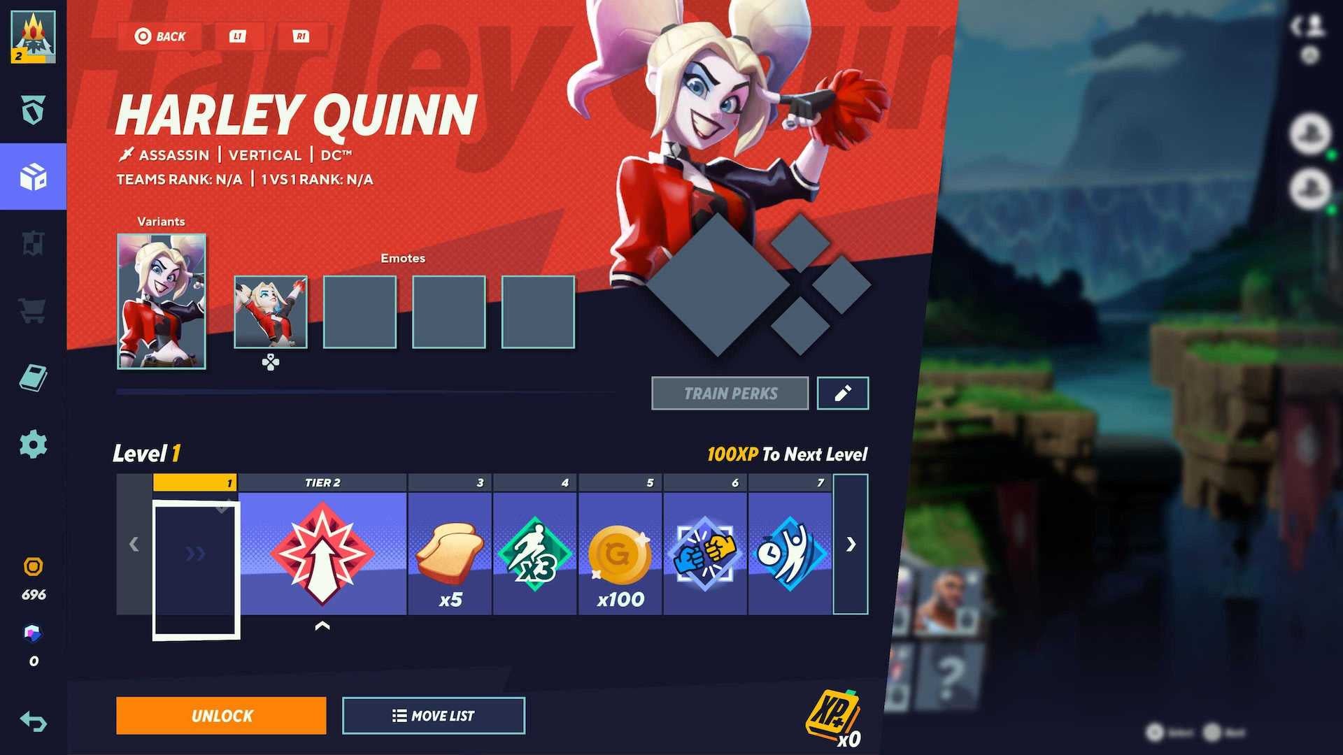 Harley Quinn&rsquo;s character select page in MultiVersus