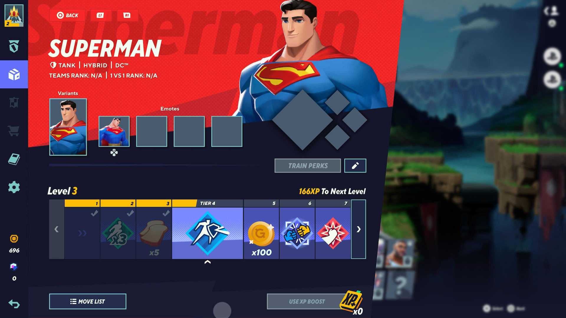 Superman&rsquo;s character selection screen in MultiVersus