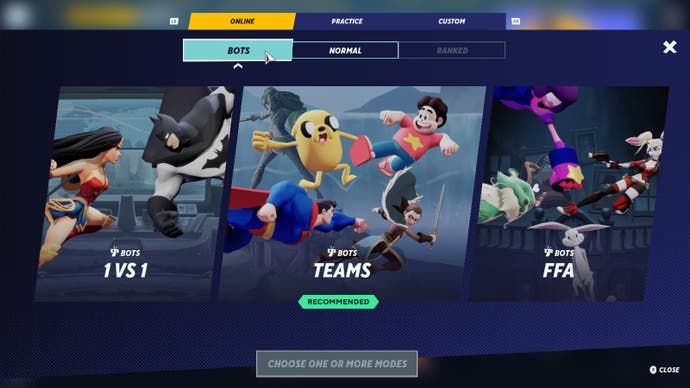 Multiversus review - three modes selection screen, showing 1v1, teams, and FFA