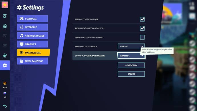 The online/legal settings, including crossplay settings, for MultiVersus can be seen.