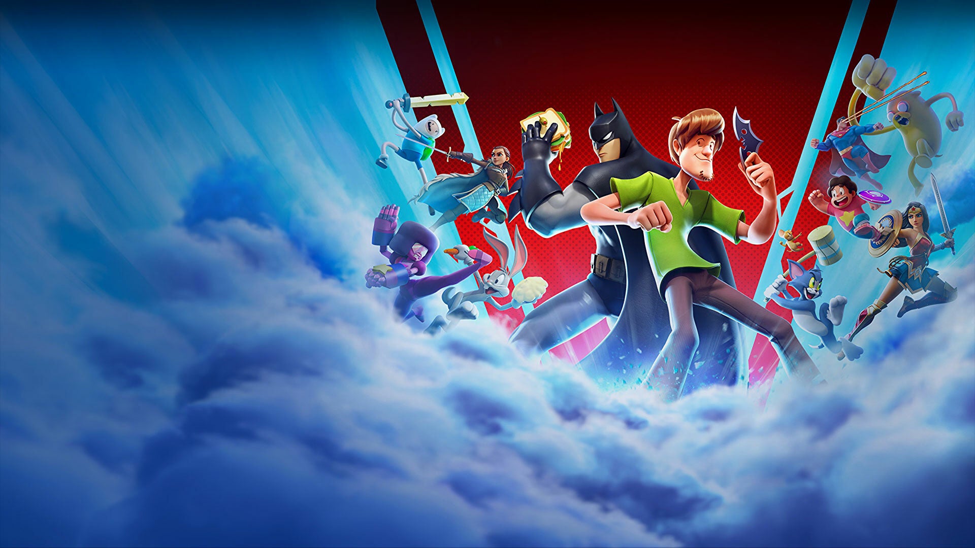 Multiversus review - the Multiversus characters lined up on a cloud