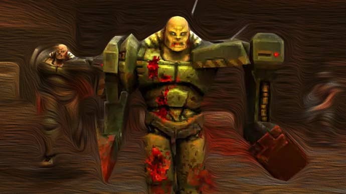 A screenshot from Quake 2 made to look like it’s being played in a dream-like environment.