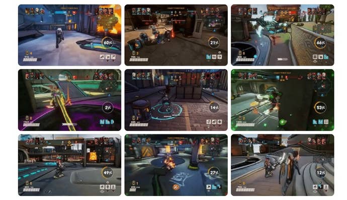 A collection of low quality gifs showing Muse’s recreation of gameplay in Bleeding Edge.