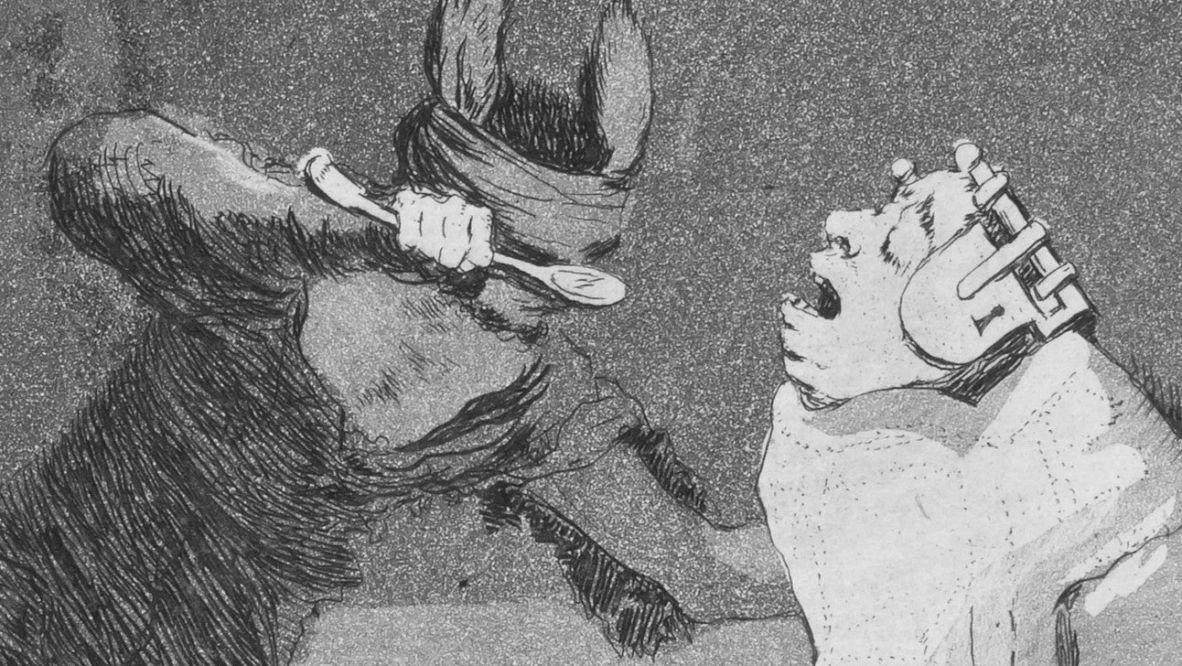 A man with a covered face spoonfeeding a man with a lock attached to his head in a satirical Goya etching - 1