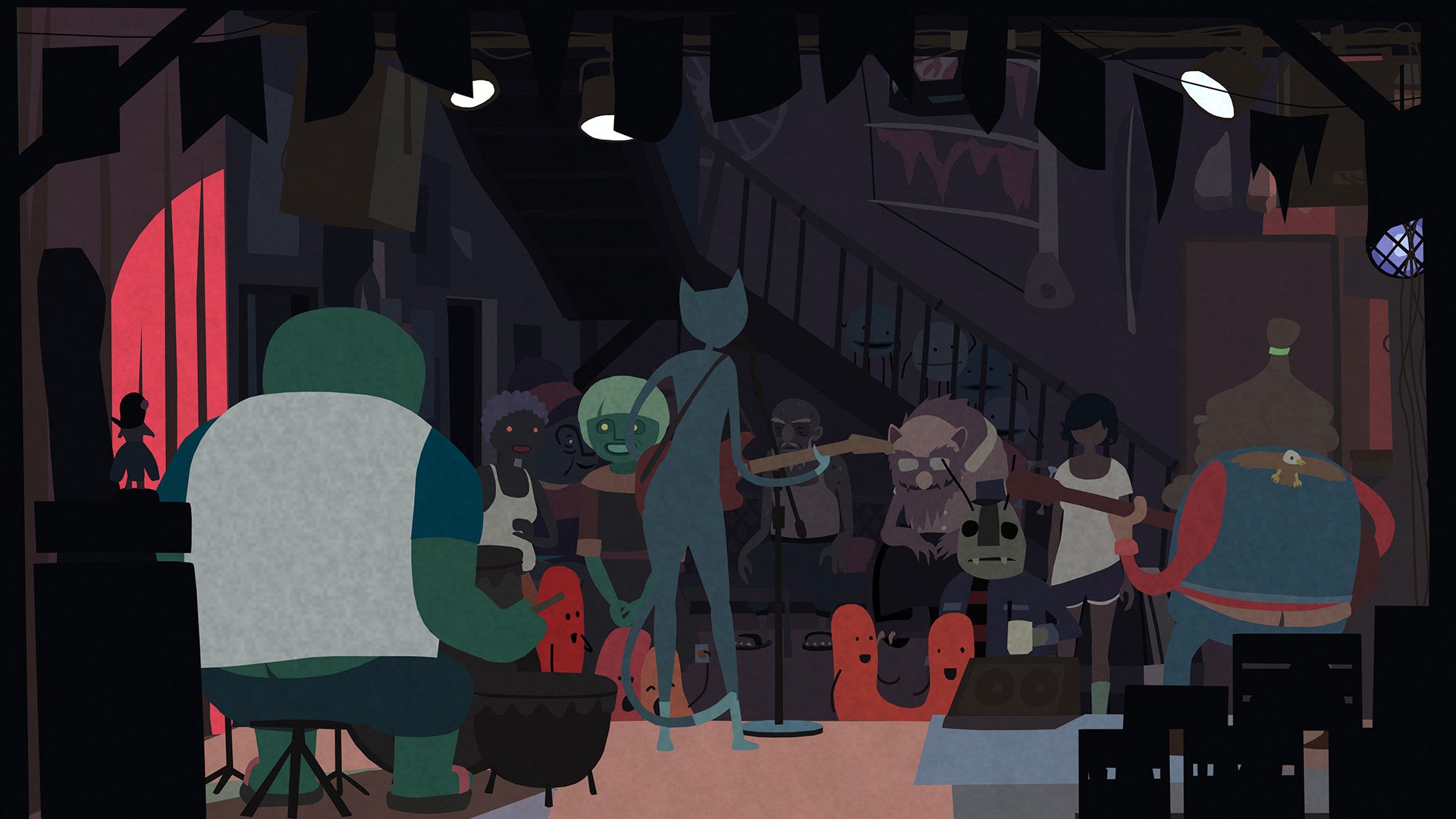 The main character stands at a show in Mutazione - 17