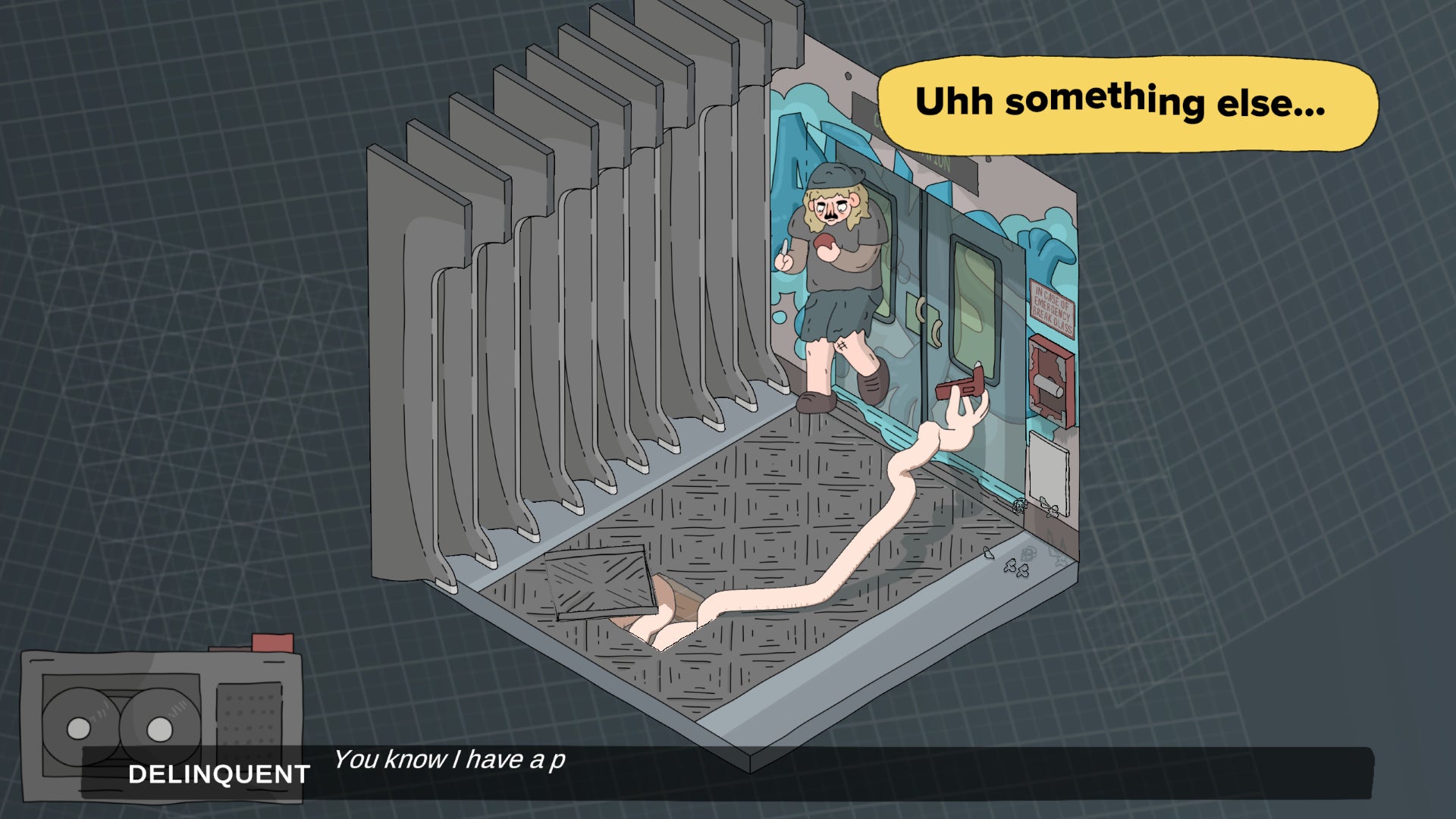 Wielding a glass-breaking hammer inside a train vestibule in the My Arms Are Longer Now demo. - 3