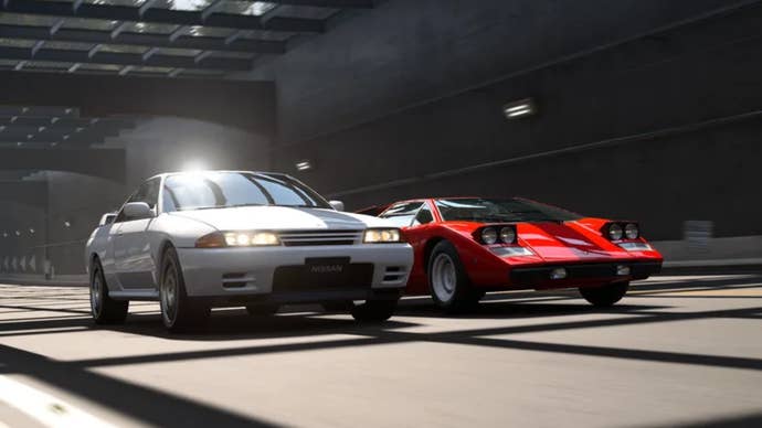 Screenshot of My First Gran Turismo showing silvery and red sports cars racing next to each other