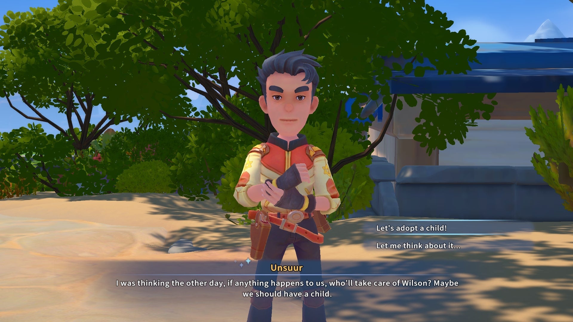 The player speaks with Unsuur about the upcoming arrival of their baby in My Time at Sandrock - 1