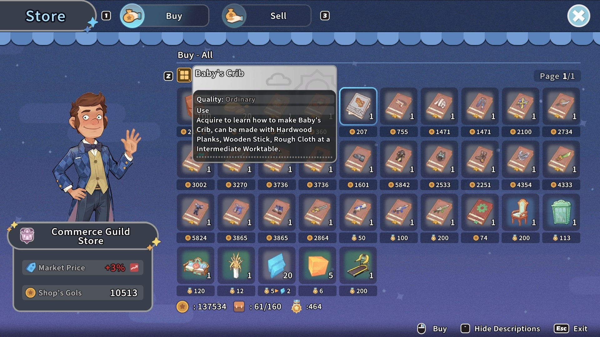 The player looks to buy the Baby&rsquo;s Crib Recipe from the Commerce Guild Store in My Time at Sandrock