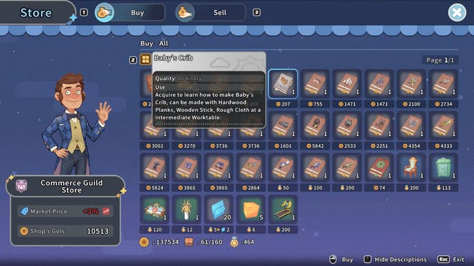 The player looks to buy the Baby’s Crib Recipe from the Commerce Guild Store in My Time at Sandrock