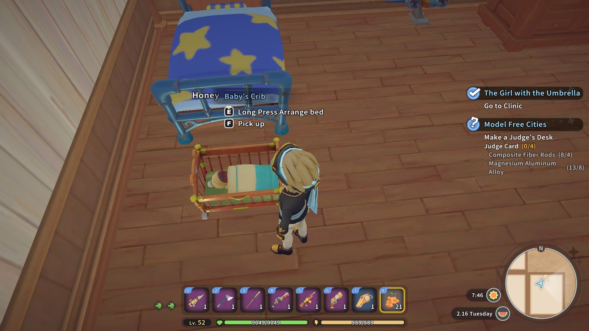 The player looks at their baby in its crib in their workshop in My Time at Sandrock