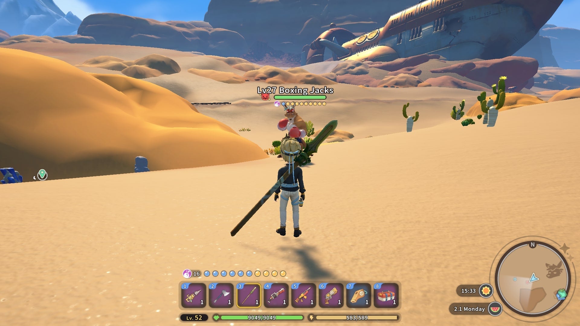 The player character faces a hostile Boxing Jack just outside of Gecko Station in My Time at Sandrock - 4