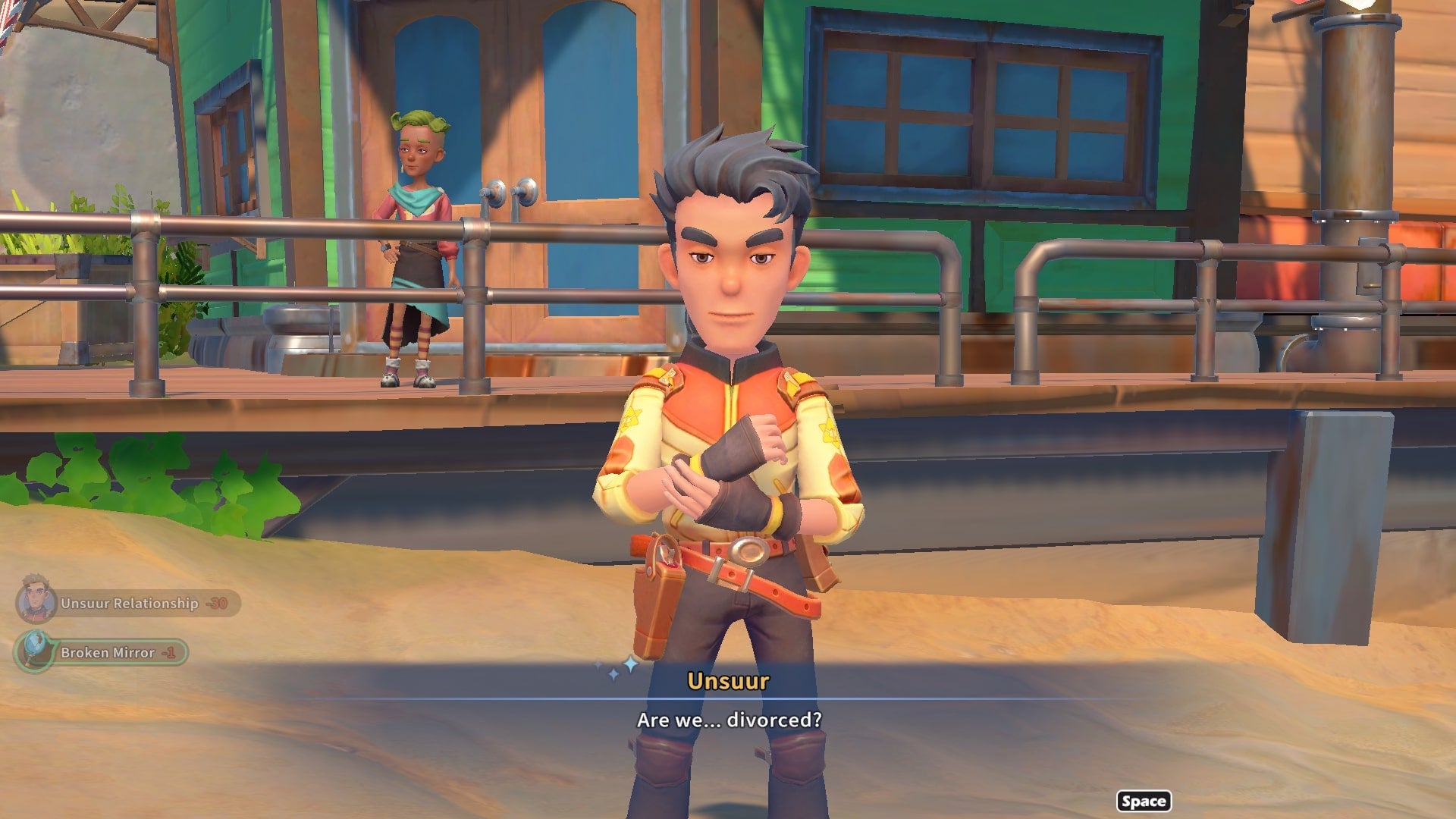 The player speaks to Unsuur immediately after divorcing him in My Time at Sandrock - 1