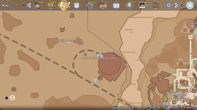 The player is at the Gecko Station Abandoned Ruins, shown on the map in My Time at Sandrock